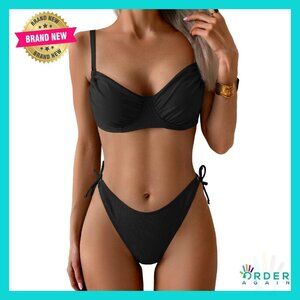 Sexy Underwire Bikini Set Ribbed Tie Side Swimsuit Y2K Chic Beachwear